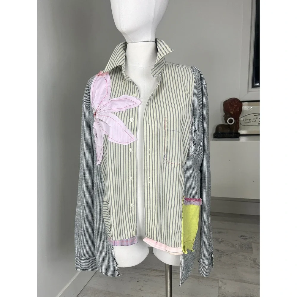 Reworked 100% Cotton Button Up Shirt Unique Lagenlook Pin Stripe Shirt - Picture 2 of 7